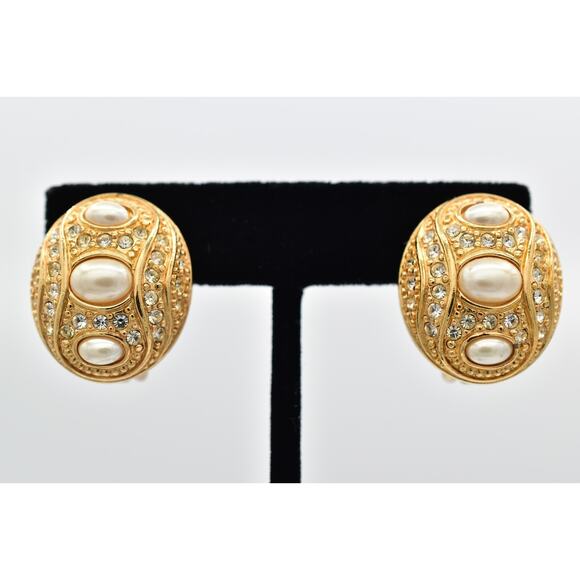Christian Dior Vintage Clip On Earrings Rhinestone Crystal Pearl Gold Signed 9I - Picture 1 of 12